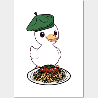 Cute Fat duck is eating spaghetti Posters and Art